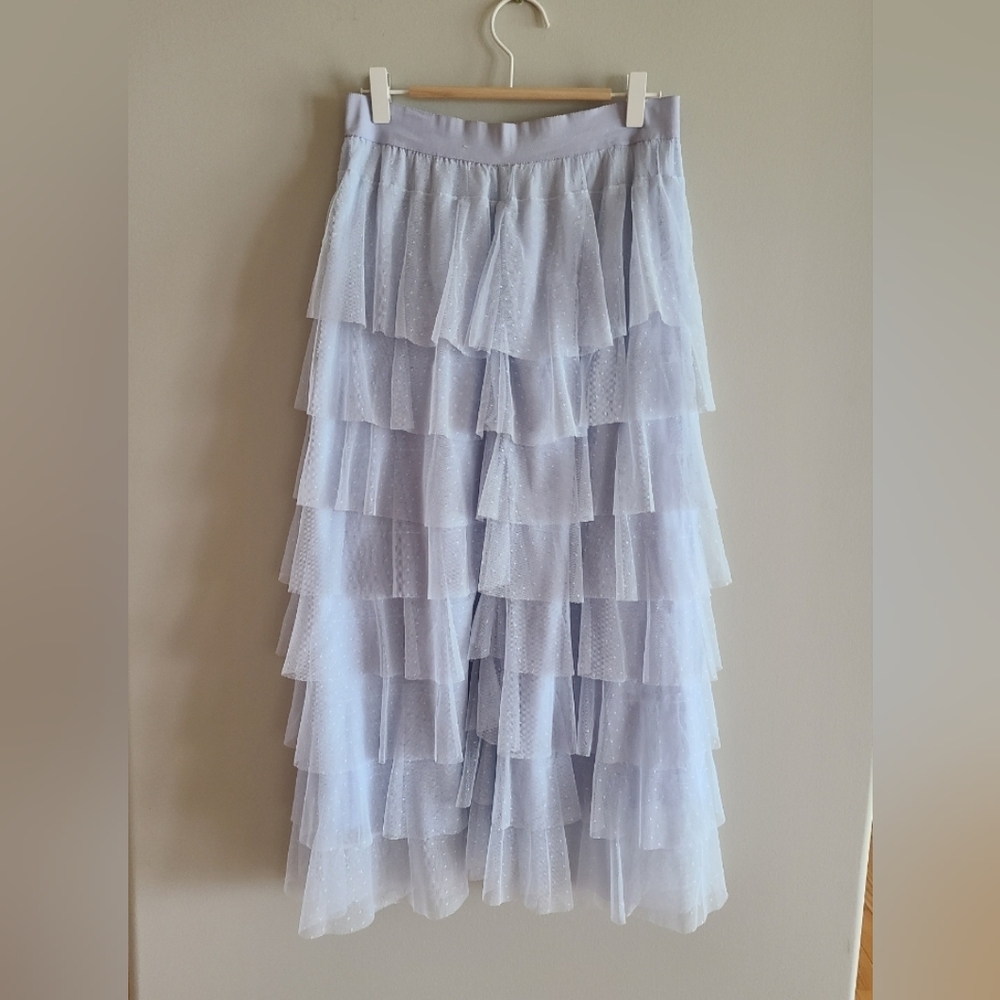 Anthropologie Tiered Ruffled Tulle Midi Skirt Light Blue